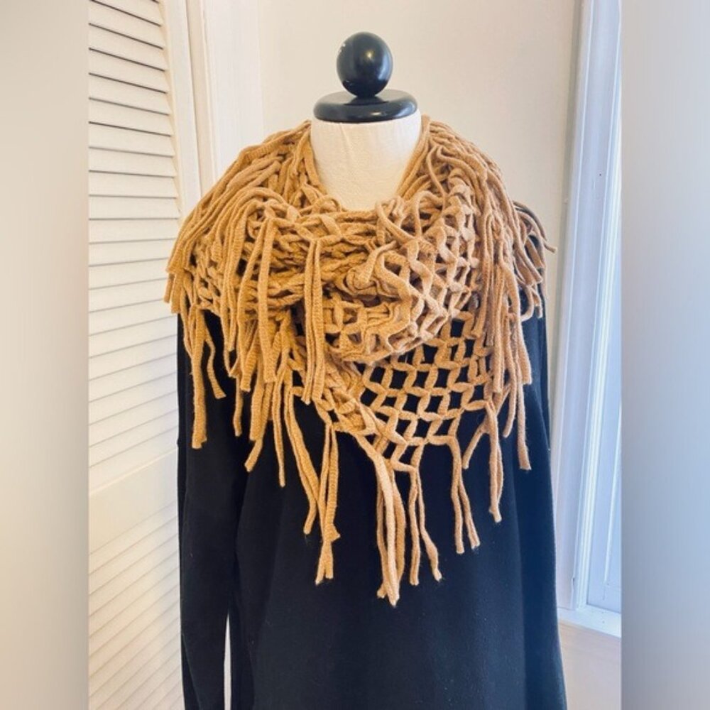 Tan Open Weave Infinity Scarf With Tassels